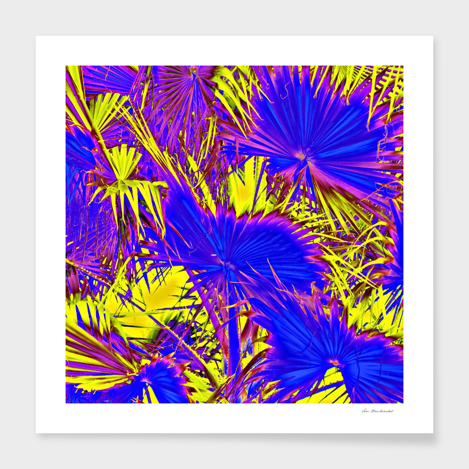 palm leaf texture abstract in blue and yellow