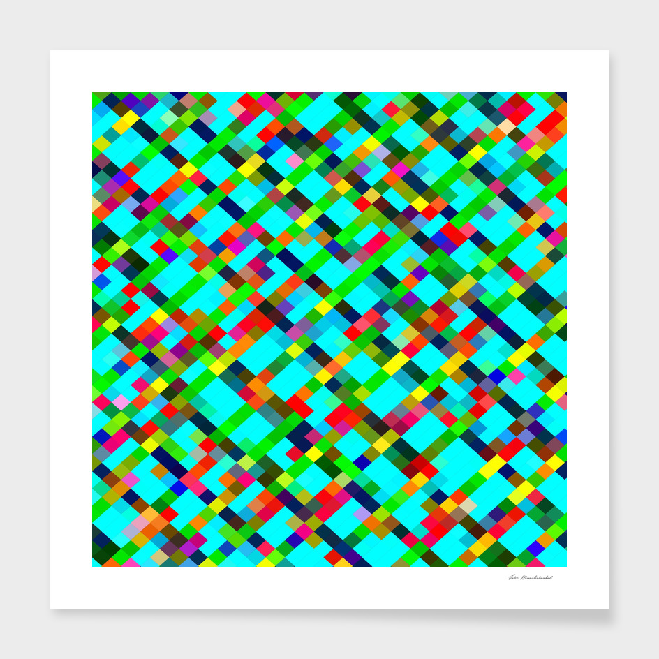 geometric square pixel pattern abstract in green red yellow