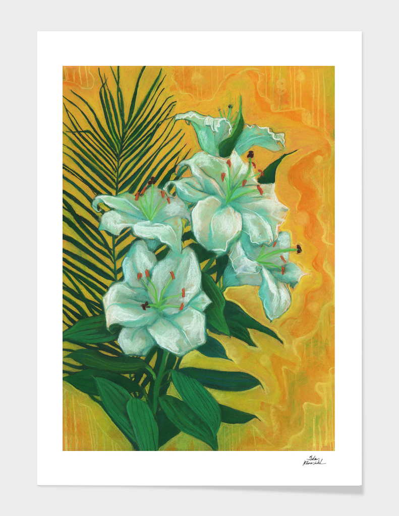 White Lilies and Palm Leaf, Spring Flowers, Floral Painting