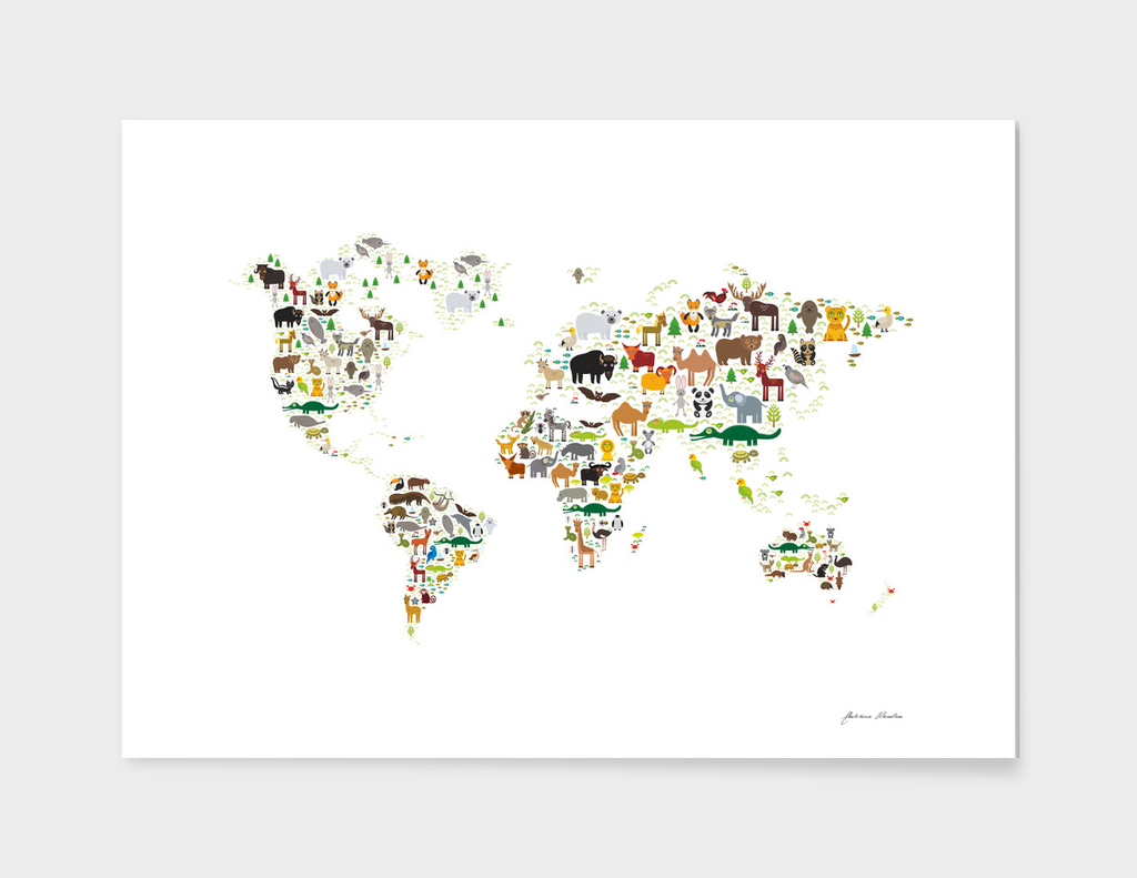 Cartoon animal world map, white background