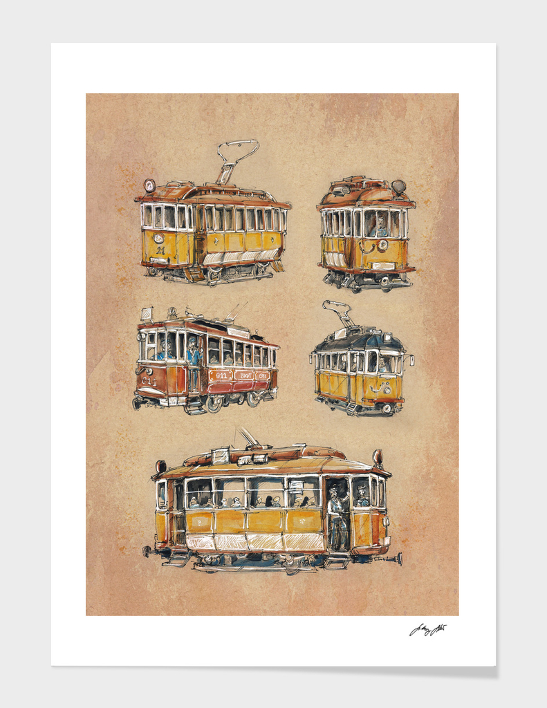 Old vintage yellow Trams