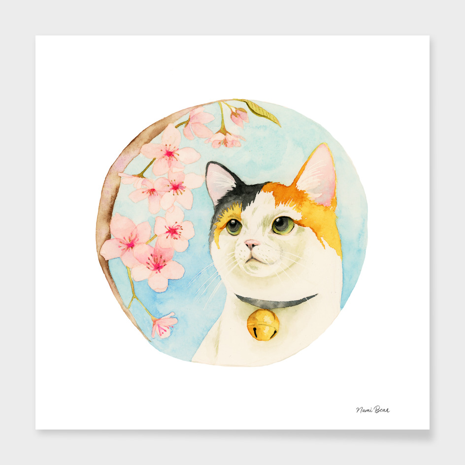 "Hanami" - Calico Cat and Cherry Blossom