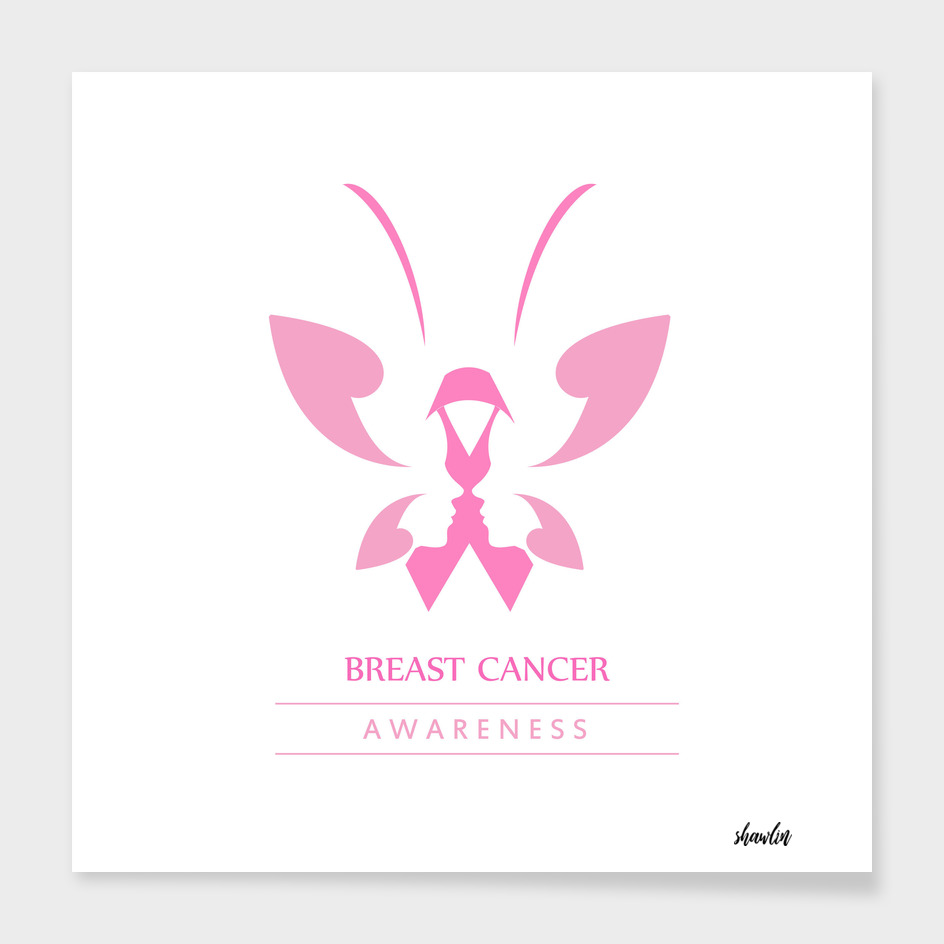 Pink ribbon with faces of women and butterfly