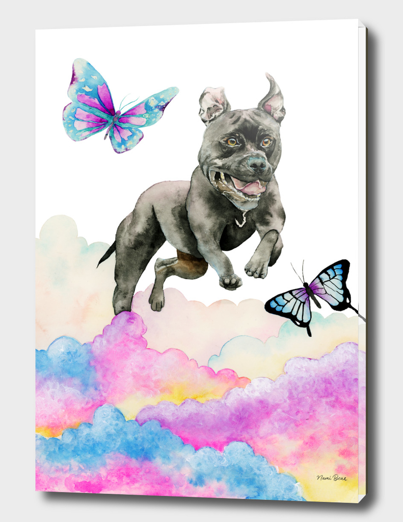 Leap! - Pit Bull Dog, Rainbow Clouds, and Butterflies