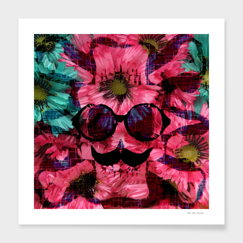 old funny skull art portrait with pink and blue flower