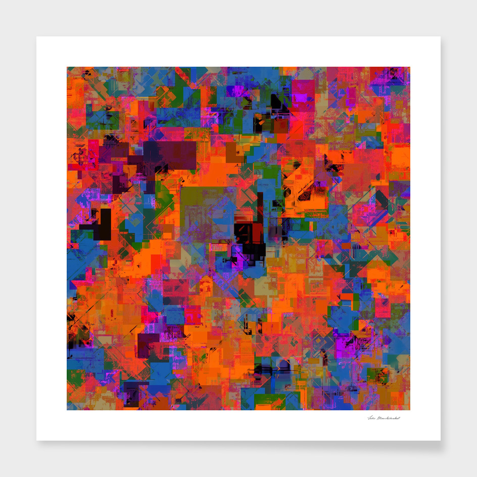 geometric square pixel pattern abstract in orange blue pink