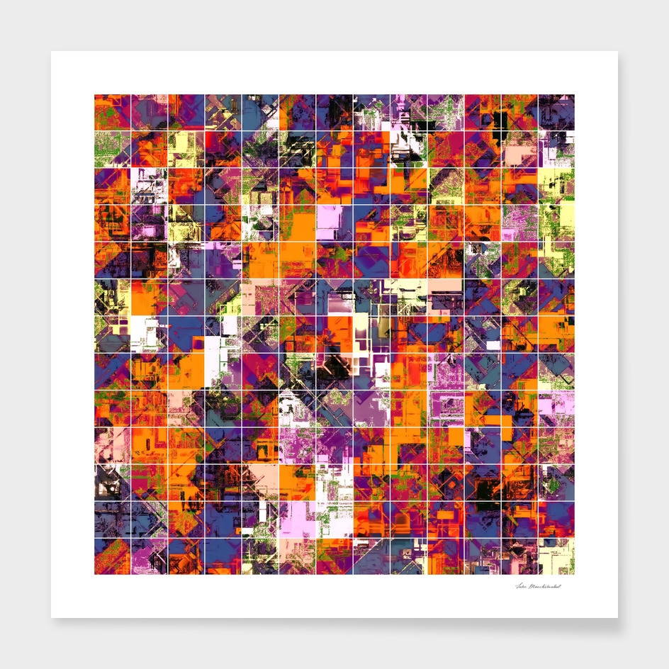 geometric square pattern painting abstract in orange blue
