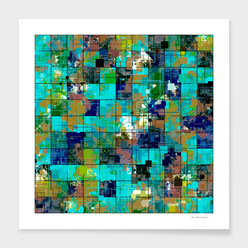 geometric square pattern painting abstract in green blue