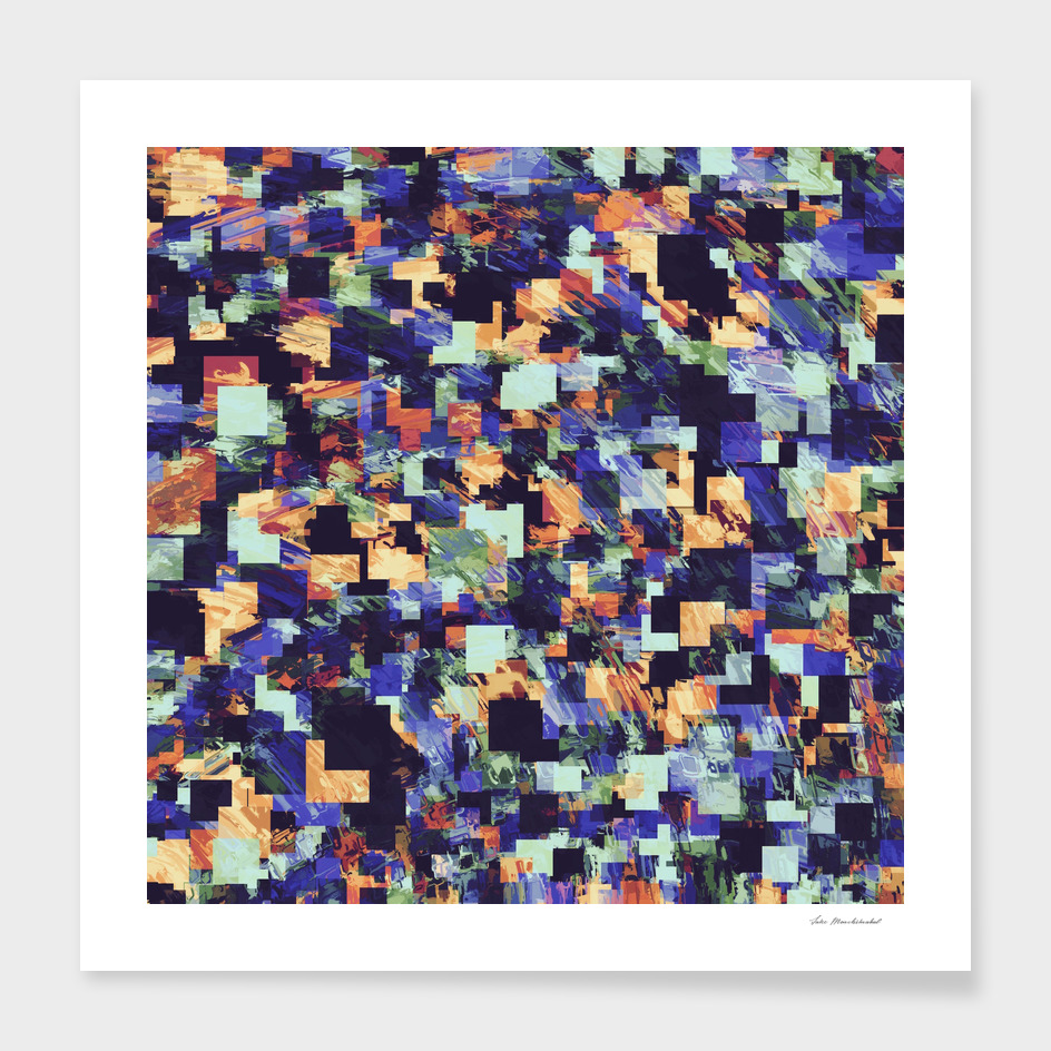 geometric square pixel pattern abstract in blue and brown