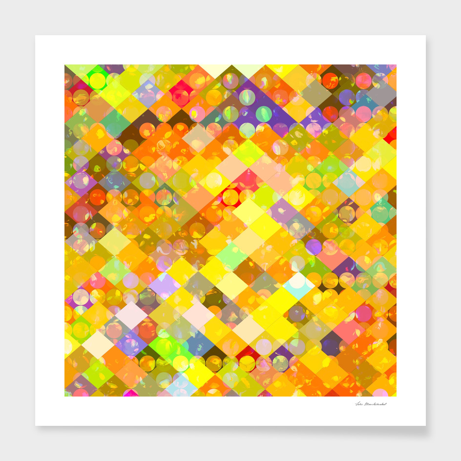 geometric square pixel and circle pattern in orange yellow