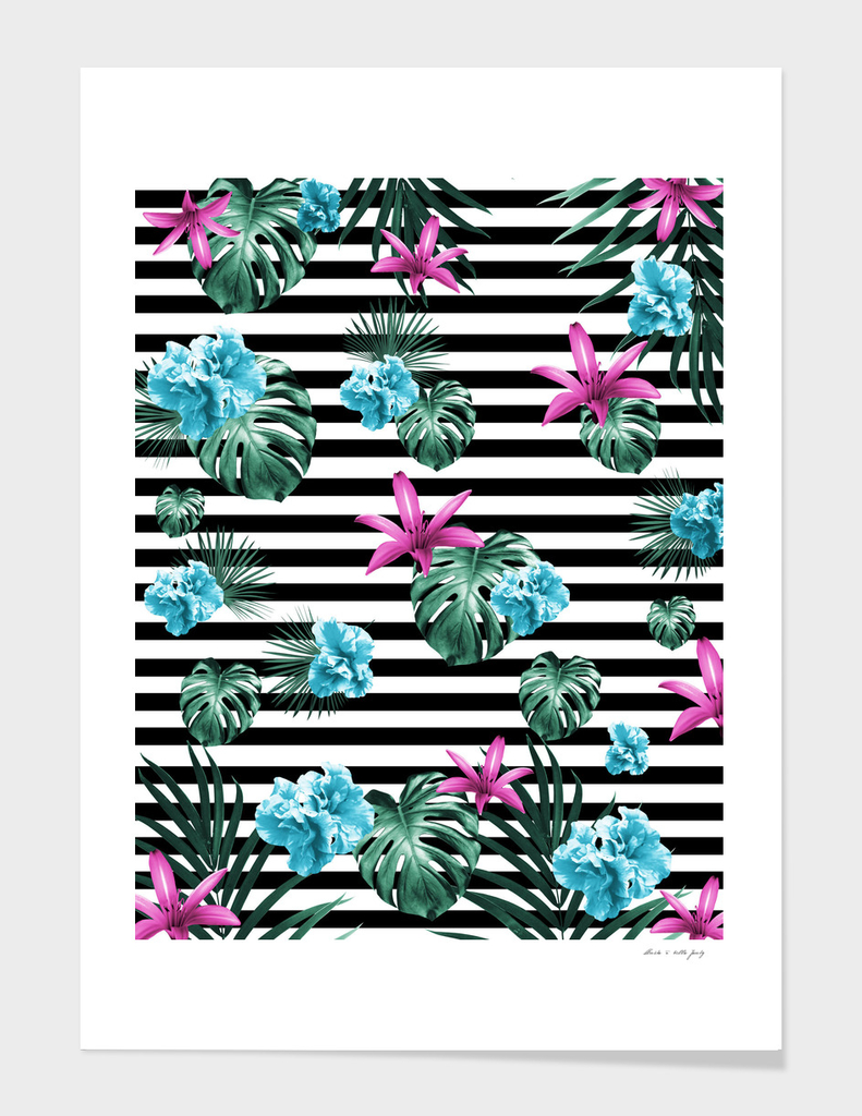 Tropical Florals & Foliage on Stripes #2