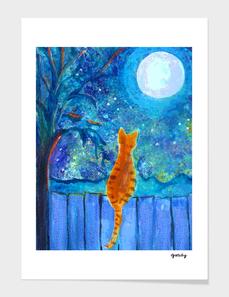 Cat on A Fence in the moonlight