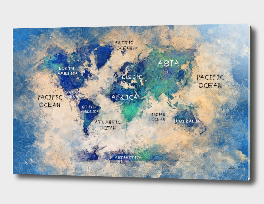 world map oceans and continents watercolor