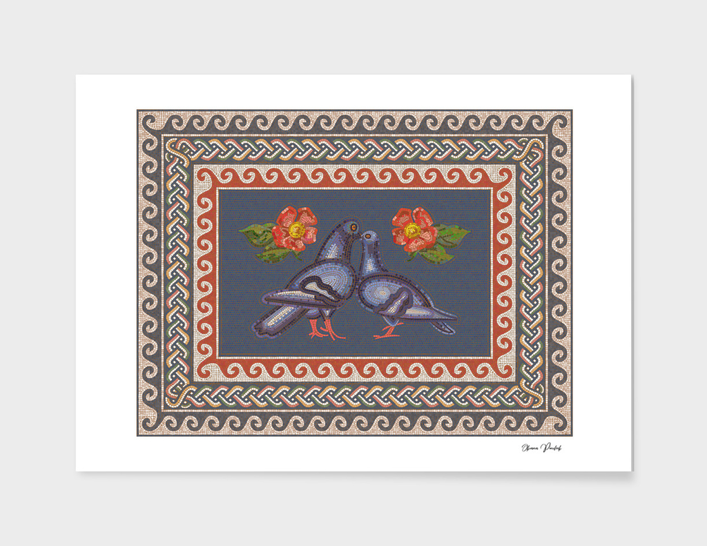 Romantic Couple of Pigeons in Roman Mosaic Style