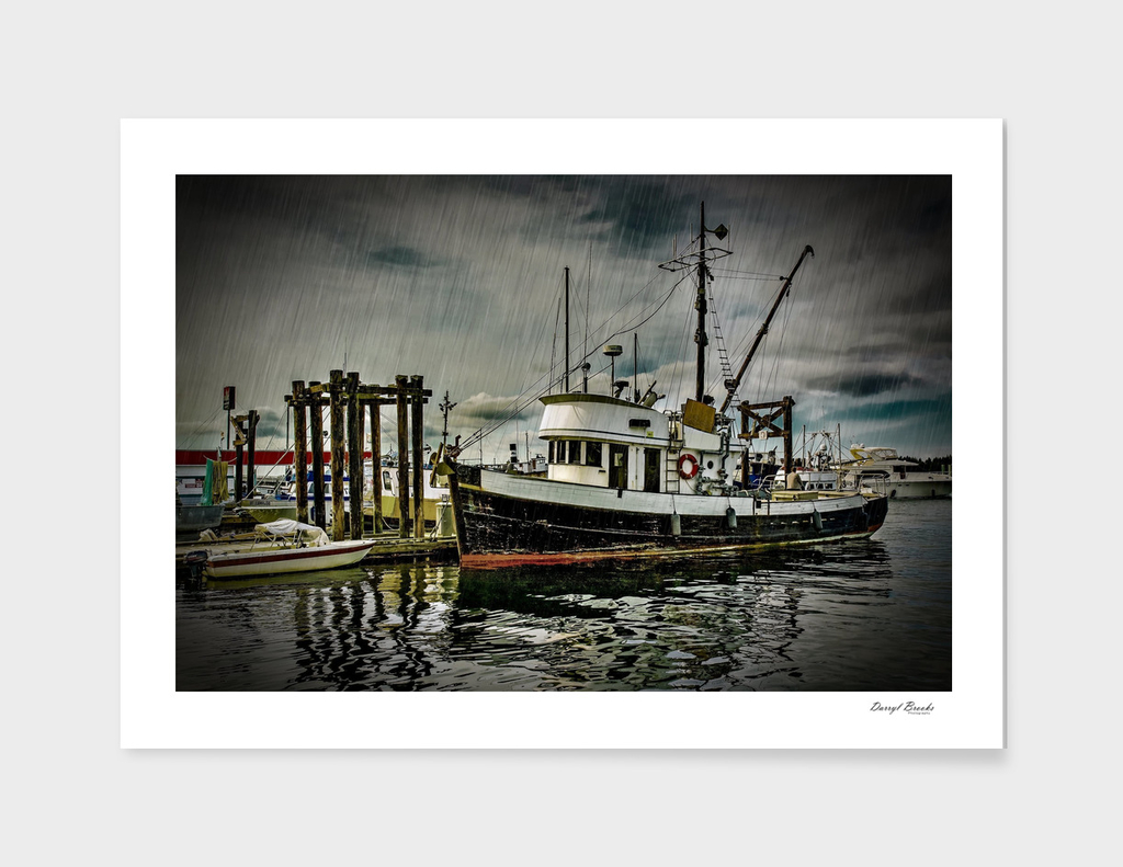 Old Fishing Trawler at Dock in Rain
