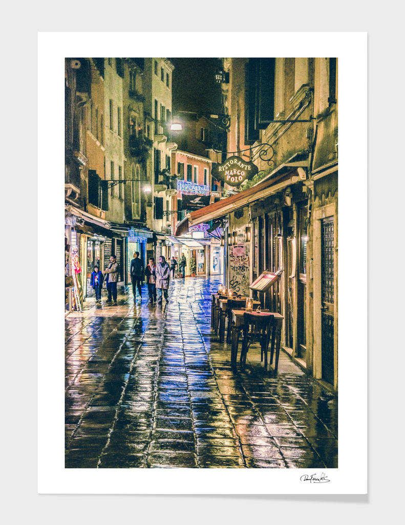 Rainy Night Urban Scene, Venice, Italy