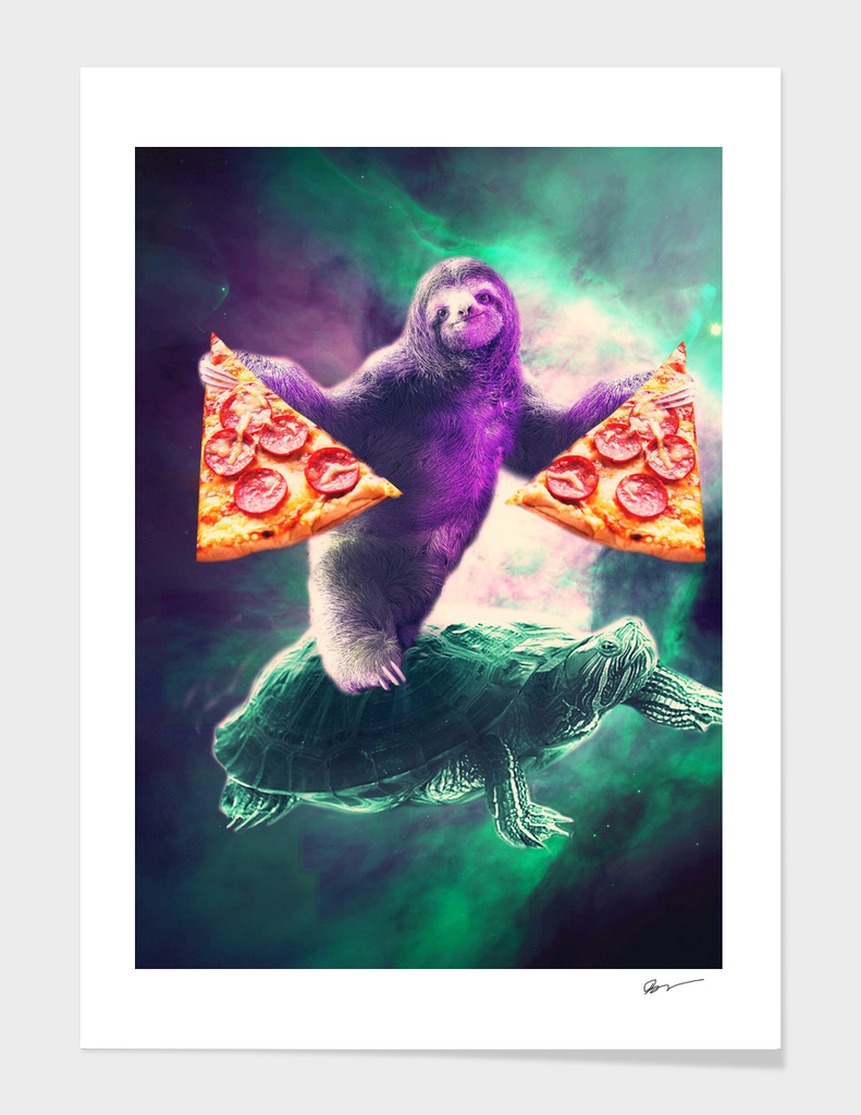 Funny Space Sloth With Pizza Riding On Turtle