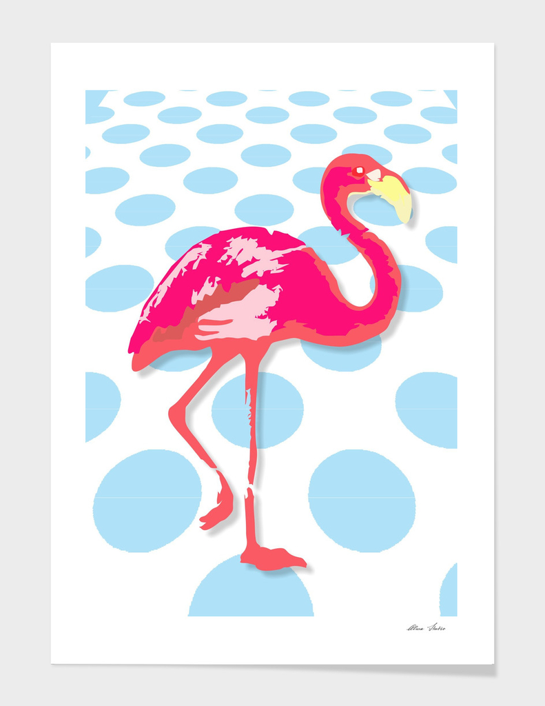 Flamingo, Summer Poster, blue dots background,