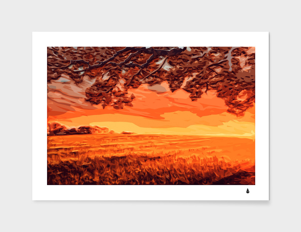 field sunset orange sky land