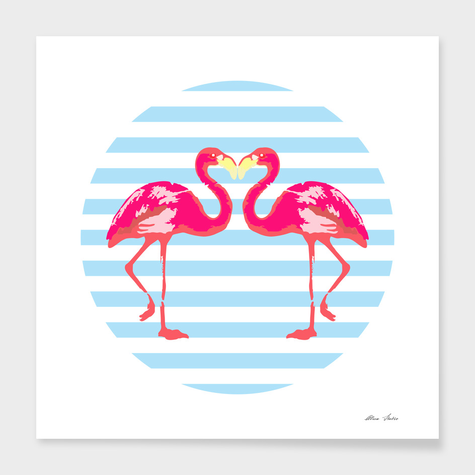 Flamingo, blue stripes, summer vibes, summer design, poster,