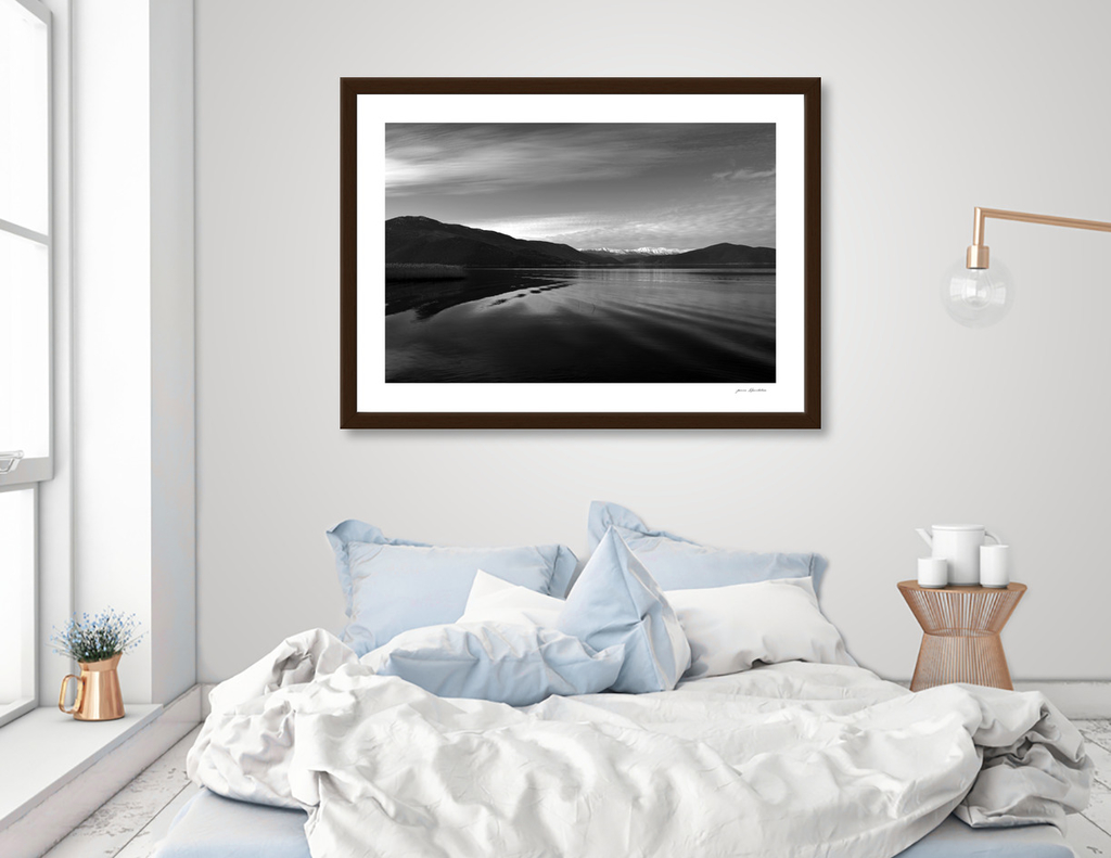 Curioos Art Print Lake Monochrome Silence by ARTbyJWP | Curioos - Inspiring lake quotes and sayings