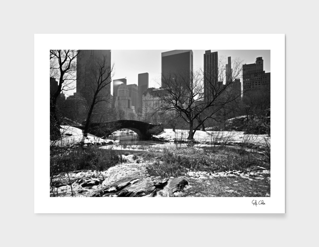 Gapstow Bridge of Central Park with snow in winter B&W