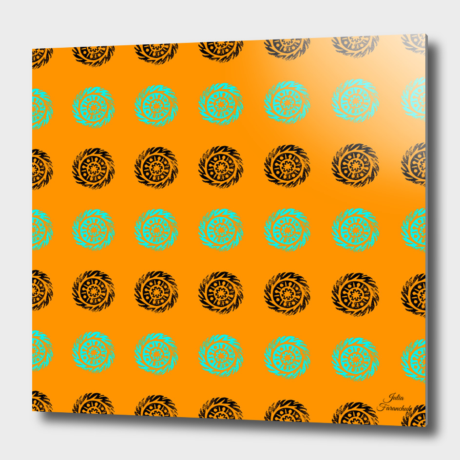 Linocut mandala pattern on saffron background