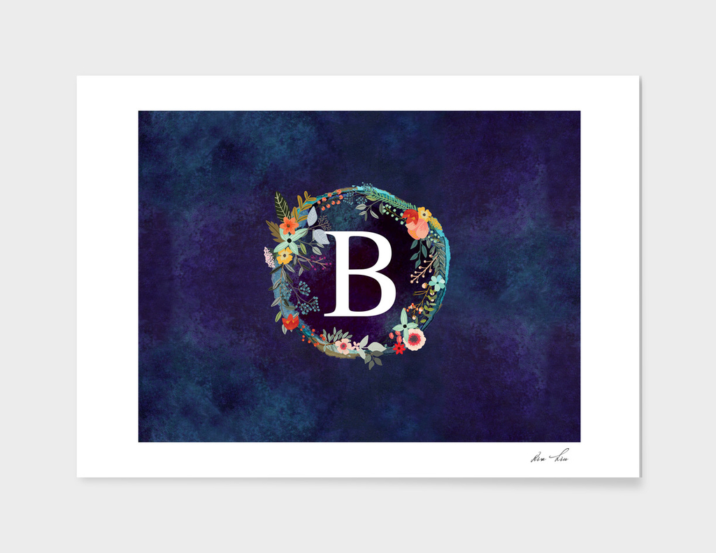 Personalized Initial Letter B  Floral Wreath Artwork