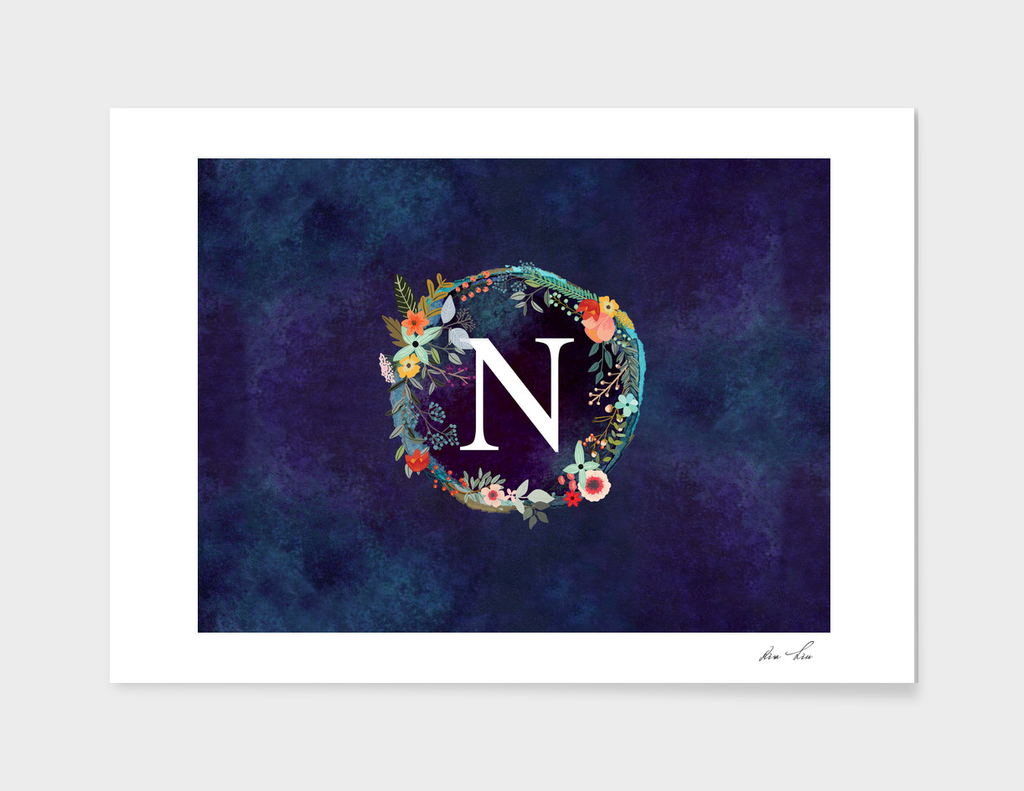 Personalized Initial Letter N Floral Wreath Artwork
