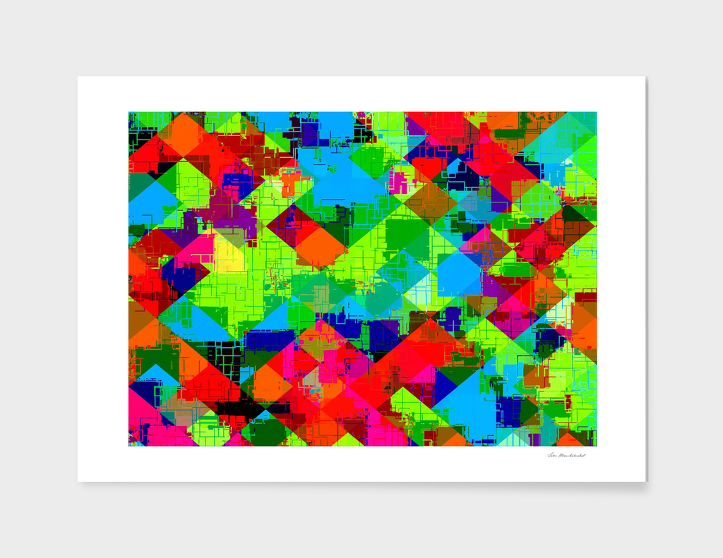 geometric square pixel pattern in green blue red