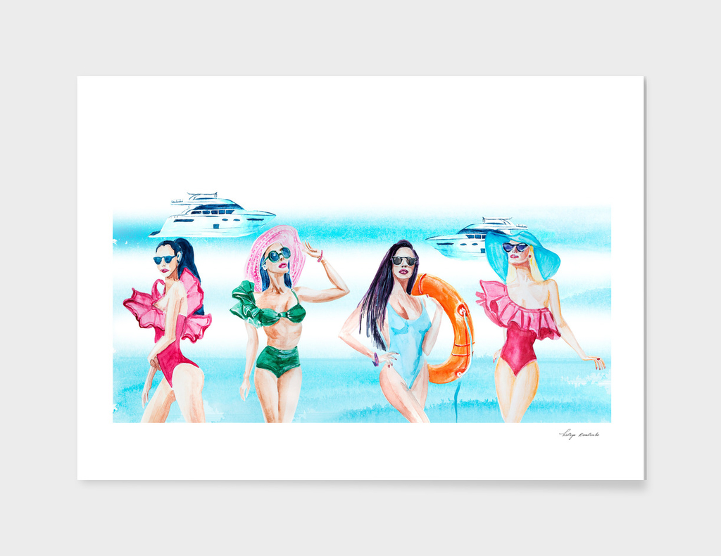 Fashion models in swimsuits watercolor.