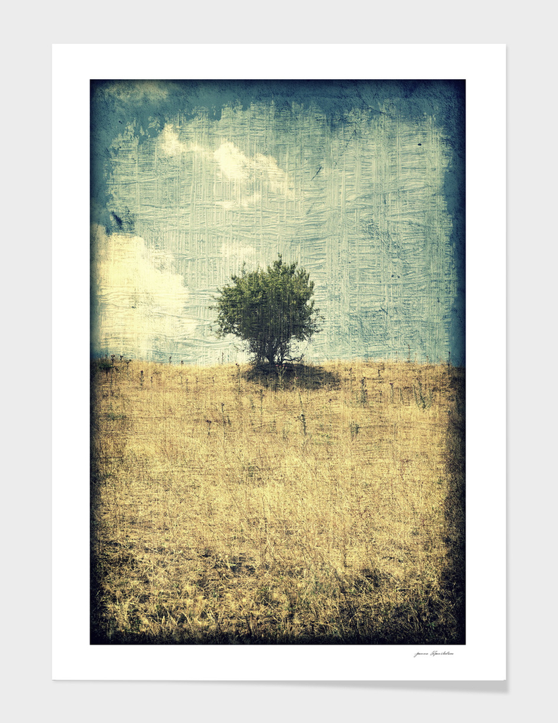 Tree on a yellow summer hill grunge vintage landscape