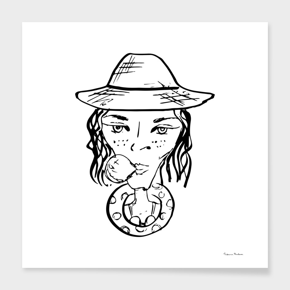 Sketch ink portrait of a girl in a hat with a bubble of gum.