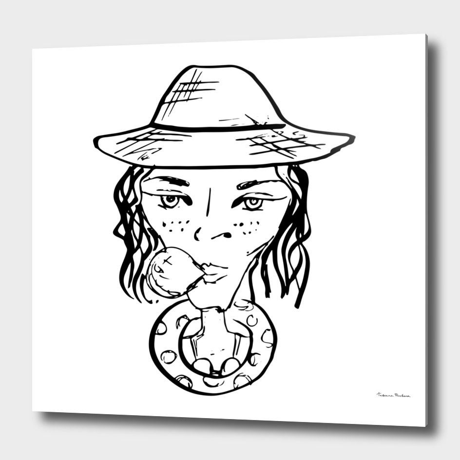 Sketch ink portrait of a girl in a hat with a bubble of gum.