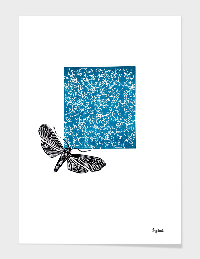 lino print, flowers with moth blue