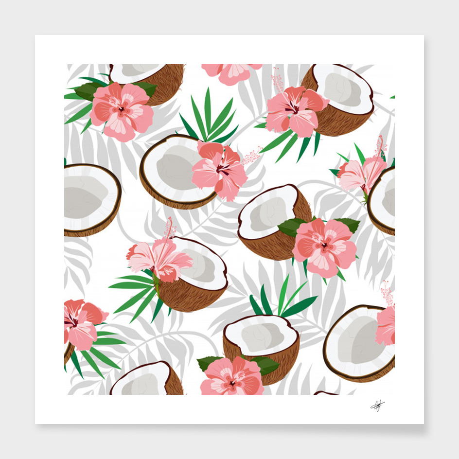 seamless pattern coconut piece palm leaves with pink