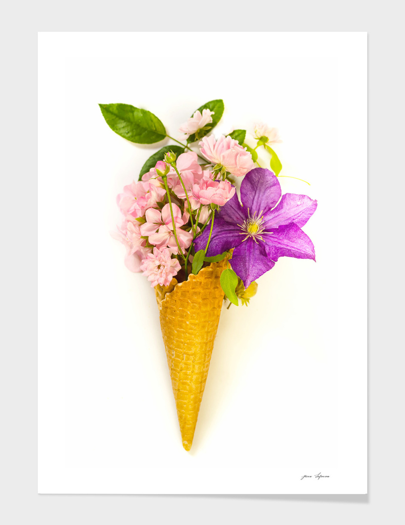 Waffle cone with   clematis, pelargonium and roses