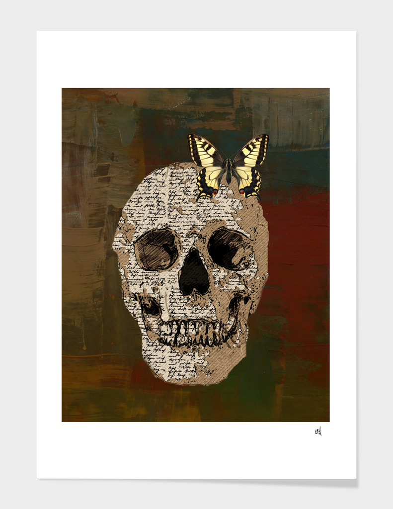 Newspaper Skull and Yellow Butterfly Against Bronze Slate