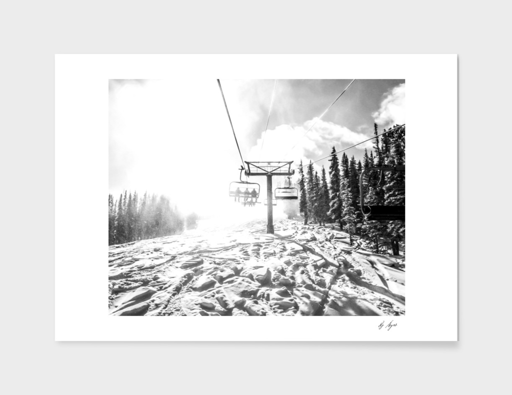 Black and White Ski Lift Photo Going to the Top