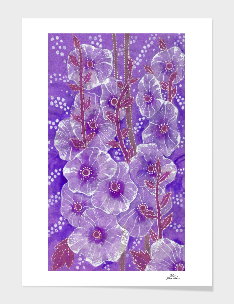 Hollyhock Mallows, Summer Flowers, Floral Art, Purple Violet