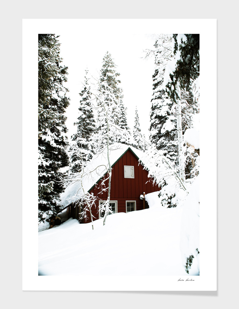 Red Log Cabin Winter Scenery