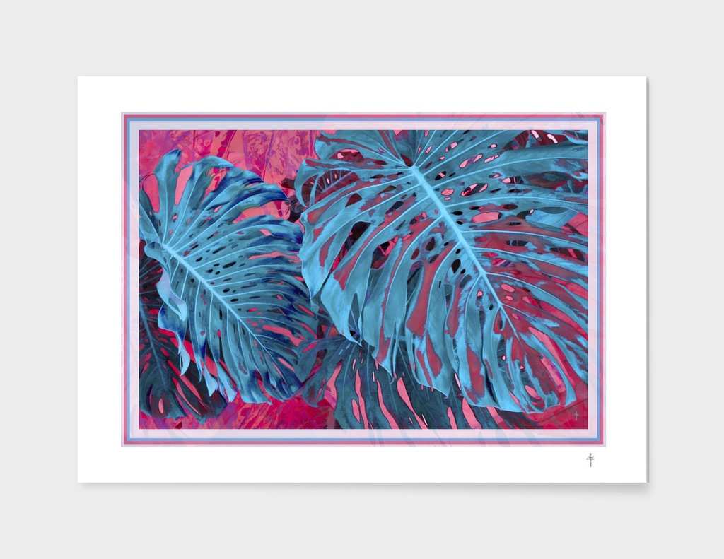 Monstera Leaves Pink Blue Version
