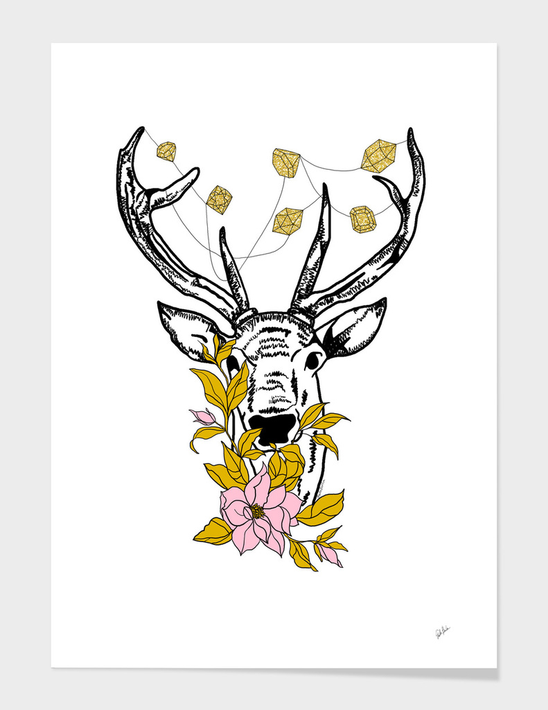Deer with crystals and flowers