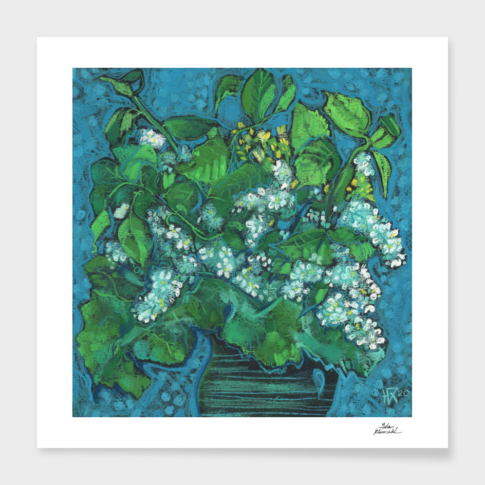 Bird Cherry Flowers Blossom Floral Pastel Painting