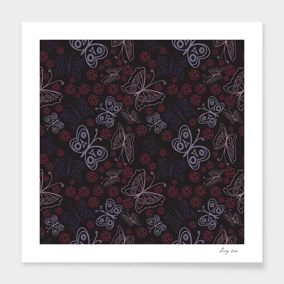 floral pattern with leaves and flowers linocut style