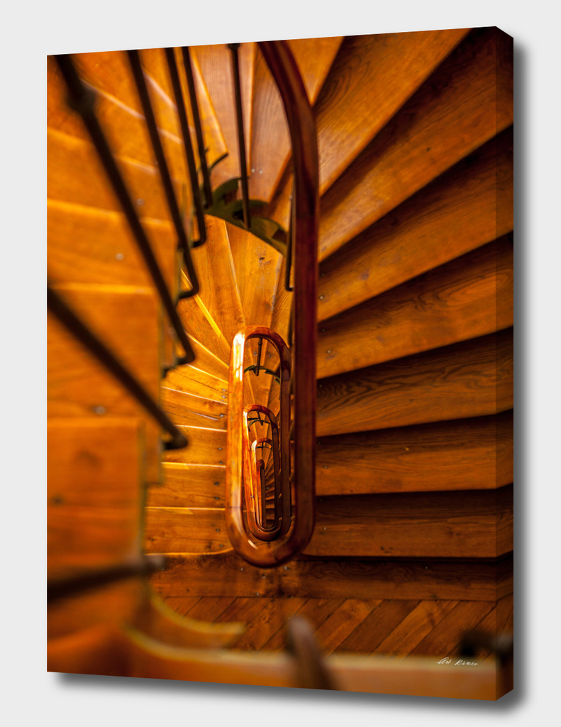 Wooden spiral staircase.