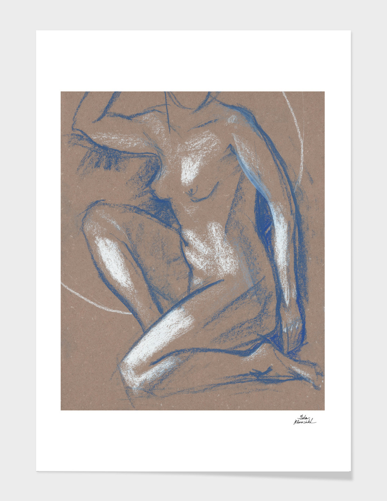Half Kneeling Blue, Nude Sketch, Naked woman