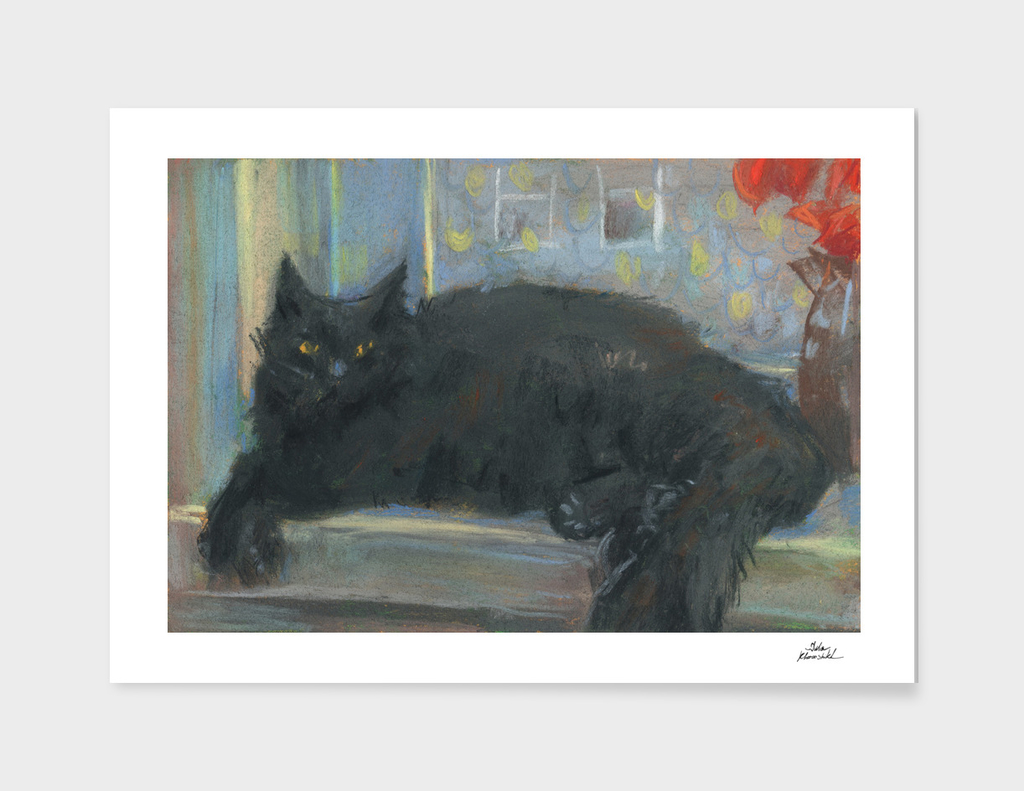 Interrupted Nap, Black Cat, Impressionism Pastel Painting