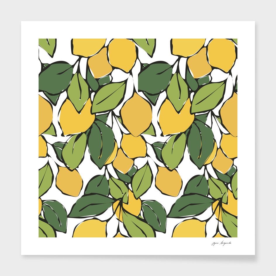 Bright yellow lemons with green leaves. Fresh citrus fruits.