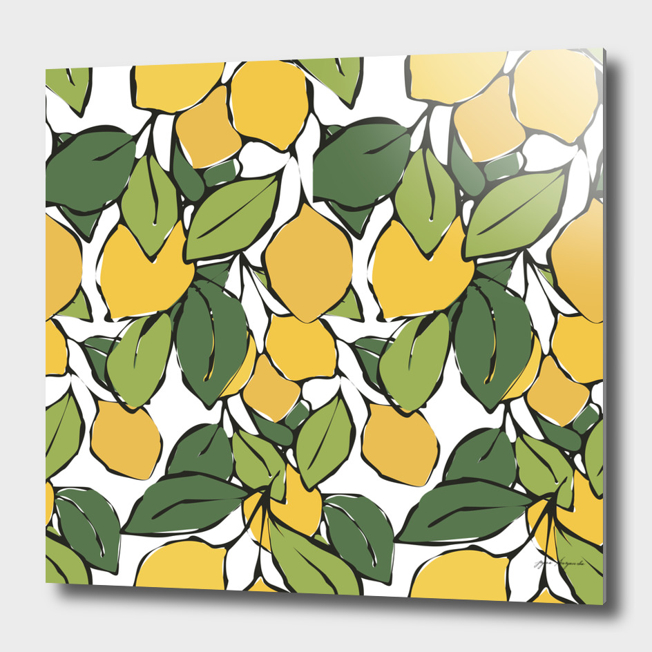 Bright yellow lemons with green leaves. Fresh citrus fruits.